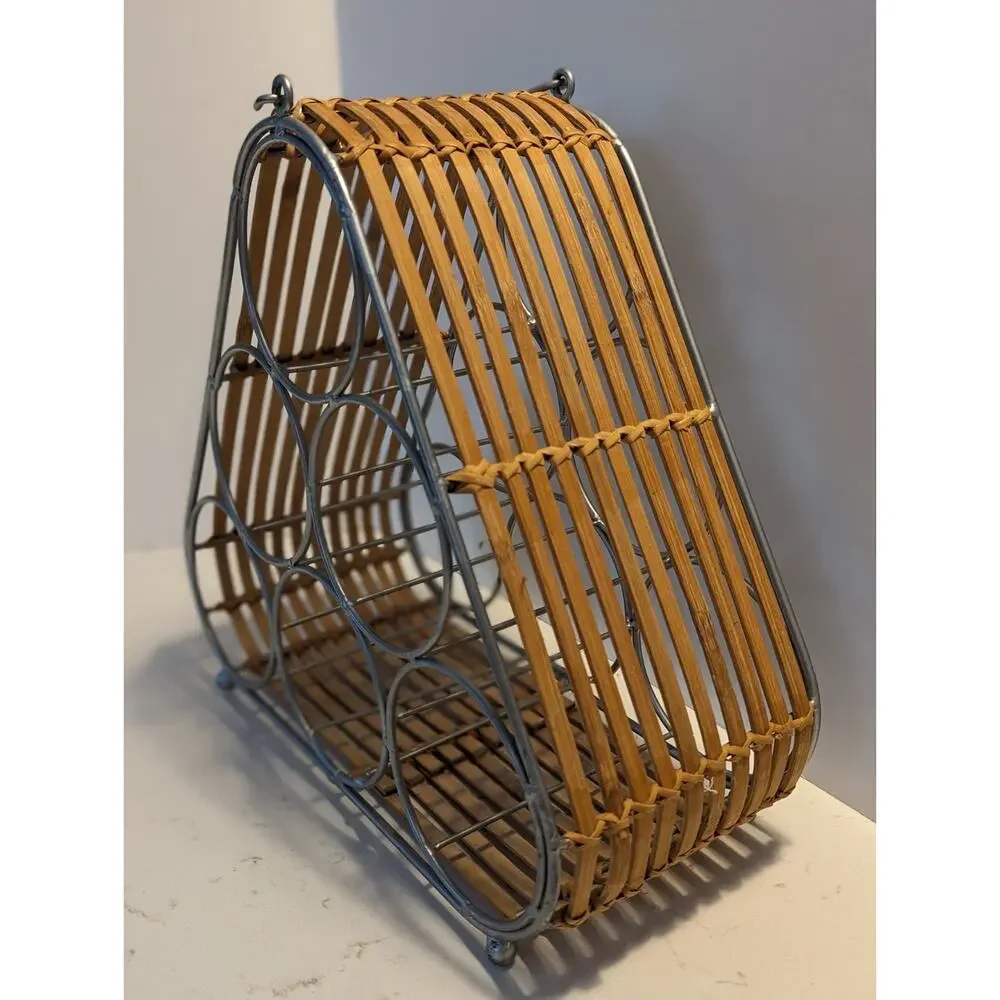 Wine Rack Wicker Bamboo Ratan Metal W/Handle Boho Modern Hippie Natural Earthy